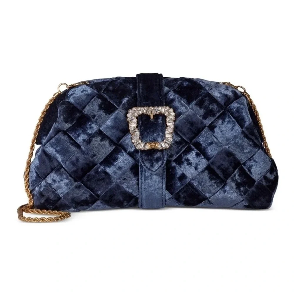 NEW SAM EDLEMAN BRIT FRAME BLUE VELVET CRYSTAL CLUTCH SHOULDER BAG